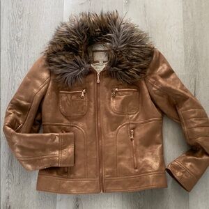 Guess shimmer gold brown jacket faux fur collar gold hardware metallic size M